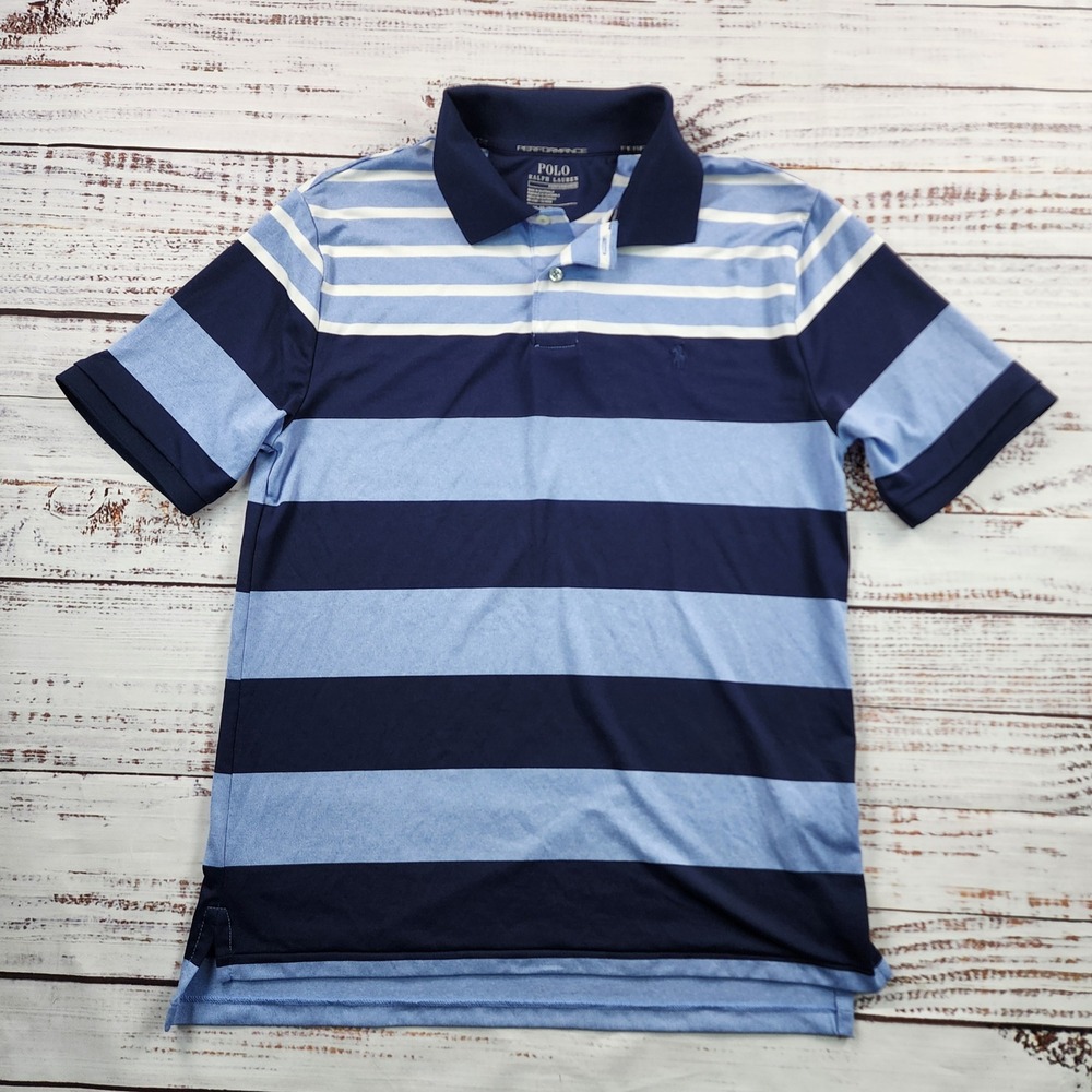 Polo Ralph Lauren Performance Polo Shirt Boys XL 18-20 Navy Blue White Stripe